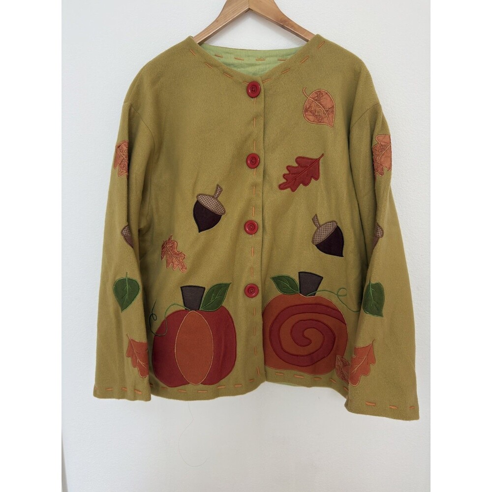 VTG 90s Y2K Autumn Pumpkin Leaf Applique Fleece Jacket Mustard Cardigan L Lined